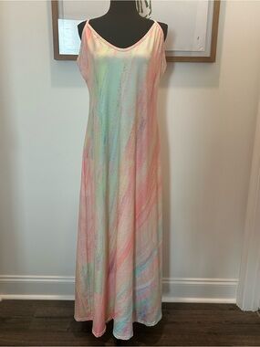 Pastel Tie Dye Maxi Dress XL Flowy Spaghetti Strap Boho Beach Dress